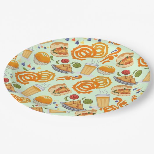 Indian Street Food Pattern farbenfrohe festliche C Pappteller (Schrägansicht)