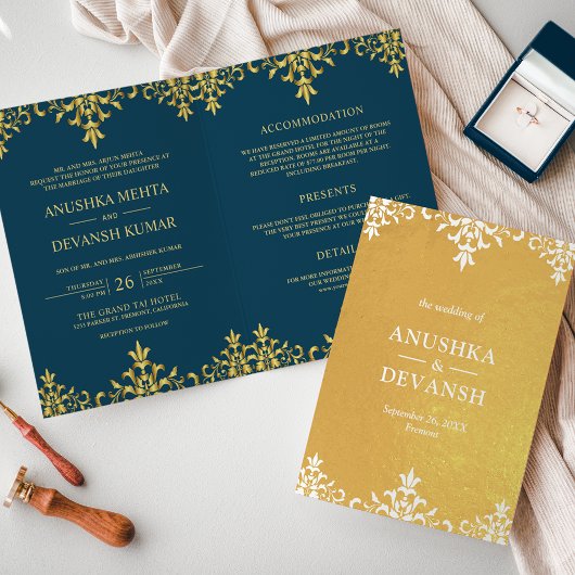 Indian Style Blue Gold Damask Einladung