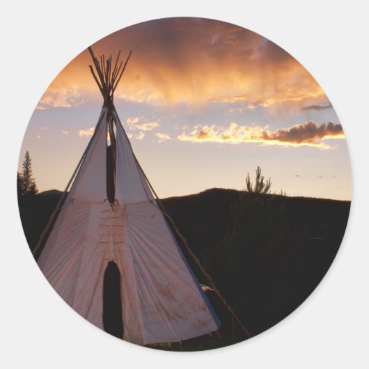 Indian Teepe Sunset Landschaft Runder Aufkleber (Vorderseite)