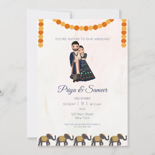 Indian Wedding Couple Invitation Elephant Einladung (Vorderseite)