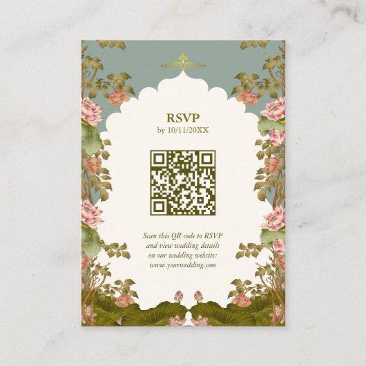 Indian Wedding Floral Lotus Oriental QR Code UAWG Begleitkarte (Vorderseite)