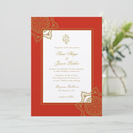 Indian Wedding Ganesh Red & Gold Mandala Einladung (Stehend Vorderseite)