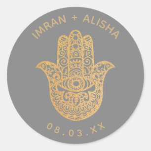 Indian Wedding Gold Gray hamsa Henna Runder Aufkleber