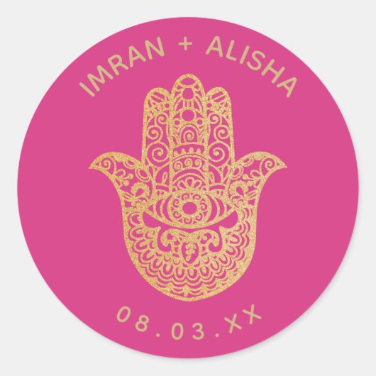 Indian Wedding Gold Pink hamsa Henna Runder Aufkleber (Vorderseite)