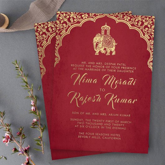 Indian Wedding Invitation Red Gold Ganesha Folieneinladung