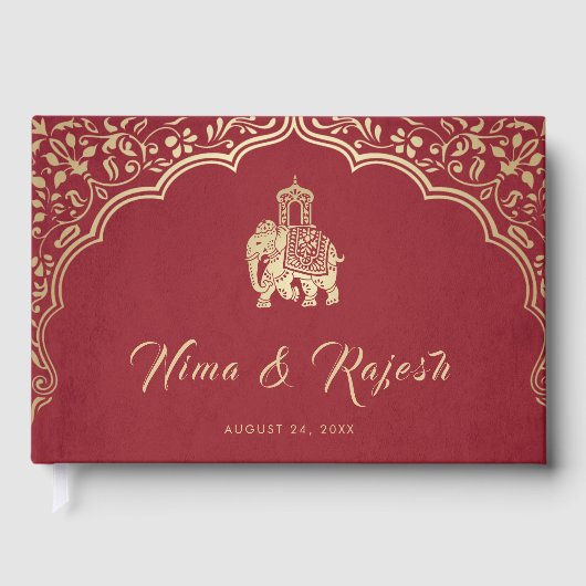 Indian Wedding Invitation, Red, Gold, Ganesha Gästebuch (Vorderseite)