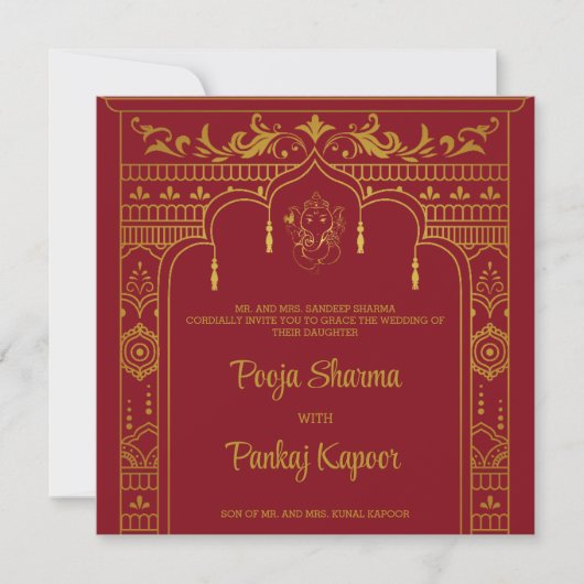 Indian Wedding Mandap Ganesha Gold Script Foto Einladung (Vorderseite)