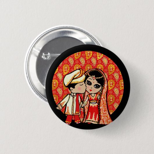 Indian Wedding Niedlich Bride Groom Cartoon Button (Vorne & Hinten)