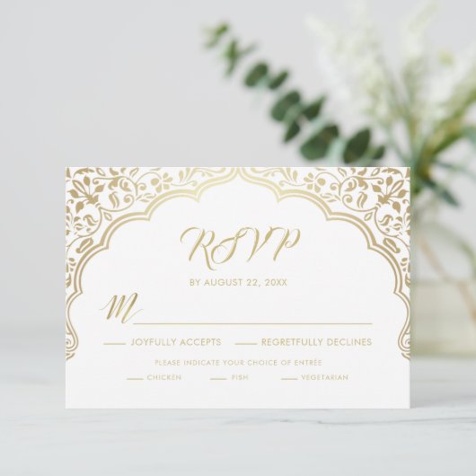 Indian Wedding RSVP Card, White and Gold (Stehend Vorderseite)
