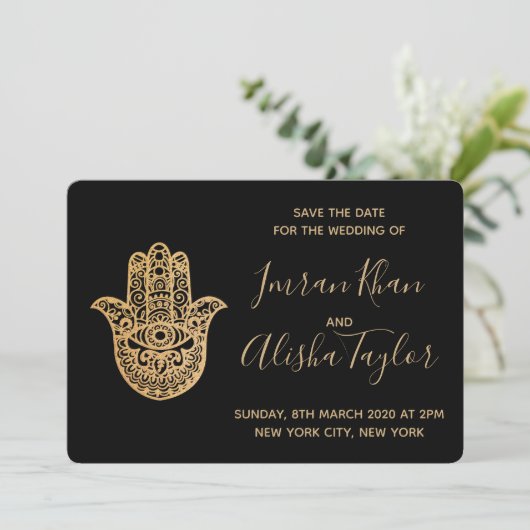 Indian Wedding Save the date Gold hamsa Henna (Stehend Vorderseite)