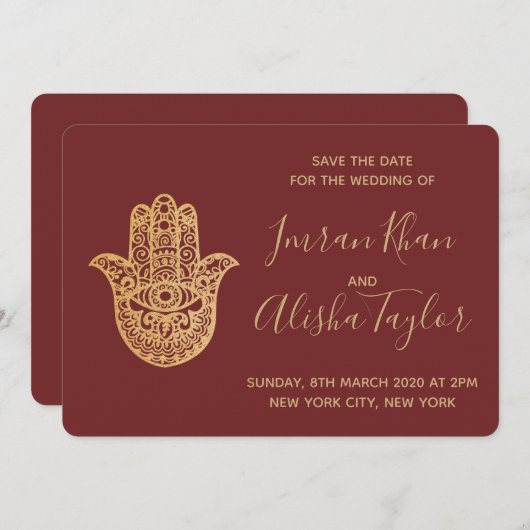 Indian Wedding Save the date Gold hamsa Henna (Vorne/Hinten)