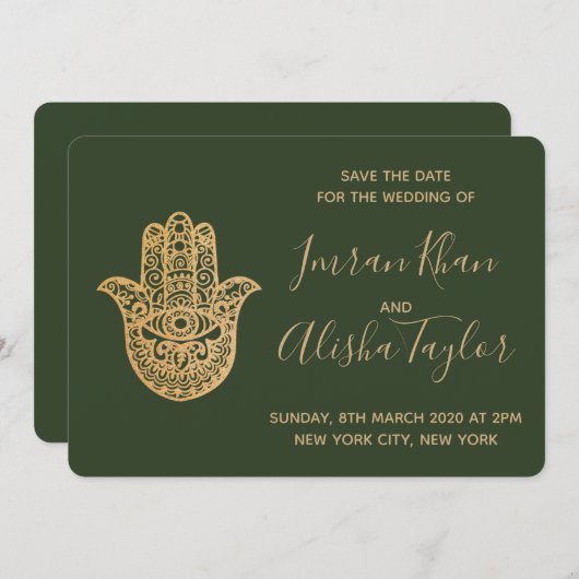 Indian Wedding Save the date Gold hamsa Henna (Vorne/Hinten)