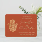 Indian Wedding Save the date Gold hamsa Henna (Stehend Vorderseite)