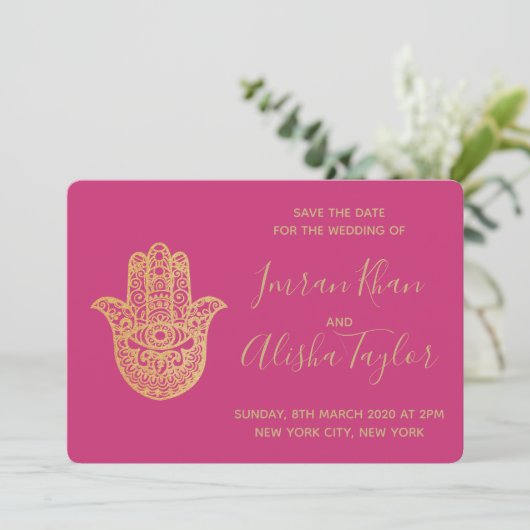 Indian Wedding Save the date Gold hamsa Henna (Stehend Vorderseite)