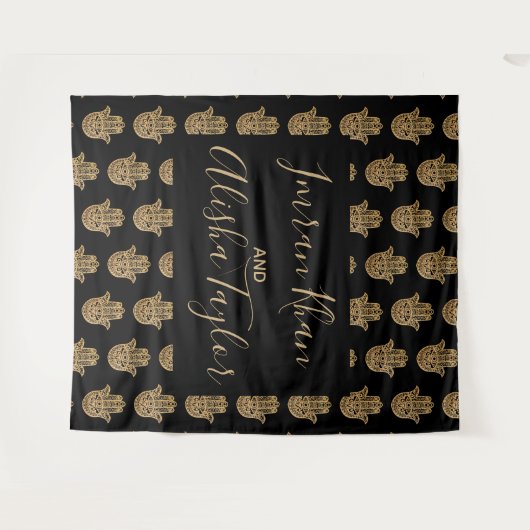 Indian Wedding Save the date Gold hamsa Henna Wandteppich (Vorderseite (Horizontal))