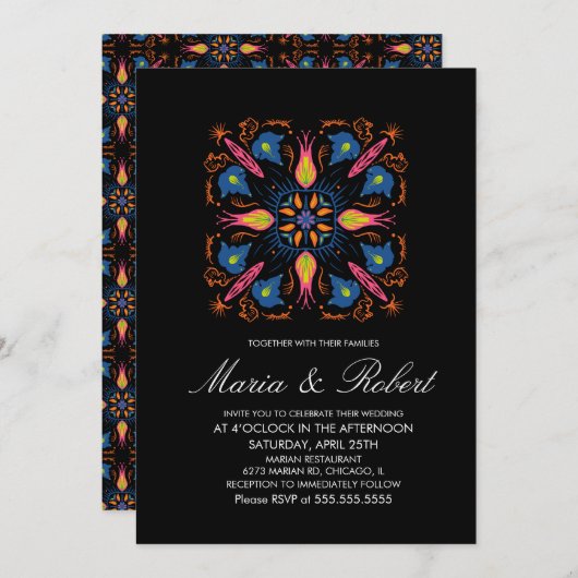 Indian Wedding Theme Elephant Floral Black Einladung (Vorne/Hinten)