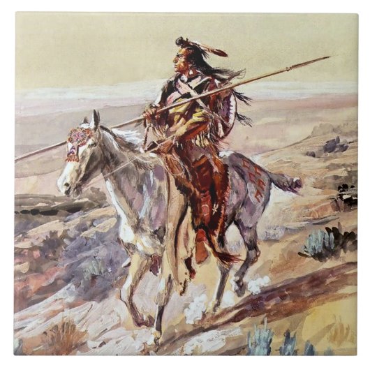 "Indian With Spear" Cowboy Art von Charles Russell Fliese (Vorderseite)