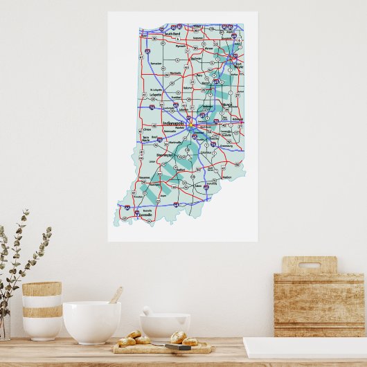 Indiana Interstate Map drucken Poster (Küche)