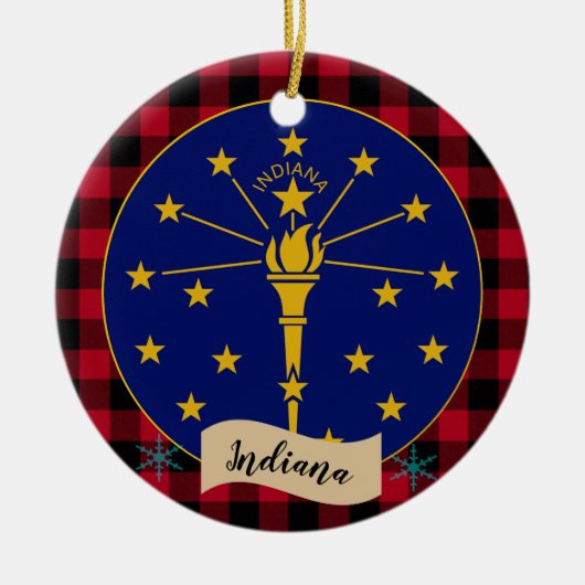 Indiana, Red Buffalo kariert & Indiana Flag Keramik Ornament (Vorne)