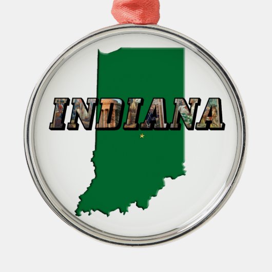 Indiana Staat Map Green Kontur & Foto Text Silbernes Ornament (Vorne)