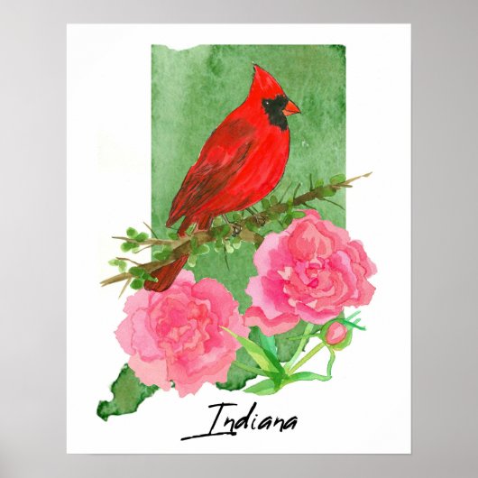 Indiana State Shape Hoosiers Cardinal Peonies  Poster (Vorne)