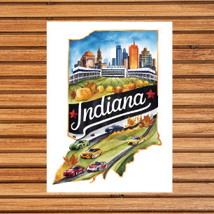 Indiana USA Staat Shaped Vintag Watercolor Postkarte