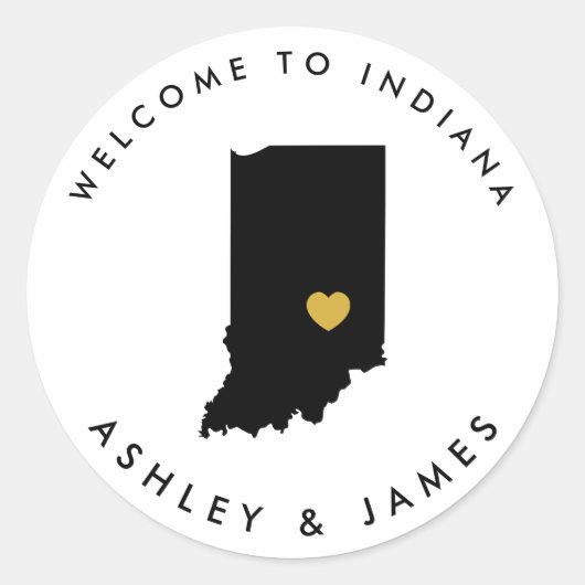 Indiana Wedding Welcome Sticker Tag, Schwarz, Gold (Vorderseite)