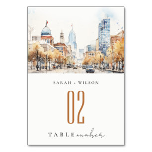 Indianapolis, Indiana Aquarell-Landschaft-Hochzeit Tischnummer