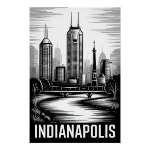 Indianapolis Indiana Skyline Schwarz Weiß Holzschn Poster