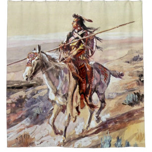 „Indianer mit Speer“ Cowboy-Kunst von Charles Russ Duschvorhang