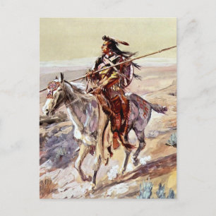 „Indianer mit Speer“ Cowboy-Kunst von Charles Russ Postkarte
