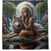Indianer und Wolf teilen Mondlicht Duschvorhang (Vorderseite)