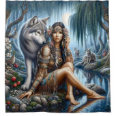 Indianer und Wolf teilen Mondlicht Duschvorhang (Vorderseite)