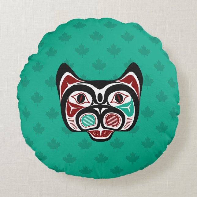 Indianeramerikaner Red Black Green Haida Art Kitty Rundes Kissen (Vorderseite)