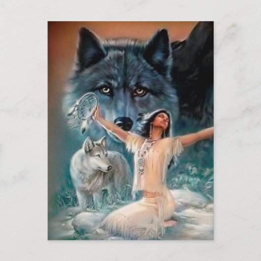 Indianeramerikaner, Wolf und Dreamcatcher Postkarte (Vorderseite)