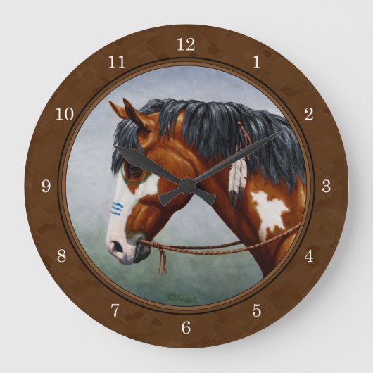 Indianerbucht Pinto Horse Brown Große Wanduhr (Vorderseite)