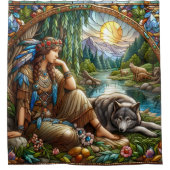 Indianerin, die friedlich mit einem Wolf Erholunge Duschvorhang (Vorderseite)