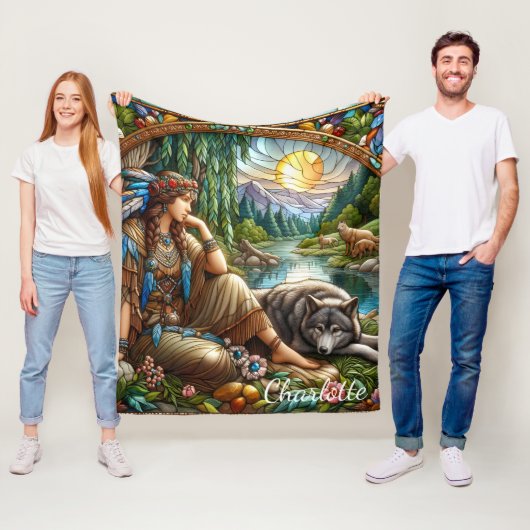 Indianerin, die friedlich mit einem Wolf Erholunge Fleecedecke (Beispiel)