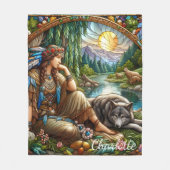 Indianerin, die friedlich mit einem Wolf Erholunge Fleecedecke (Vorderseite)
