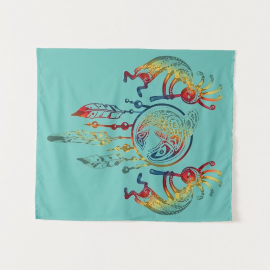 Indianerin Kokopelli Whale Dreamcatcher 1 Wandteppich (Vorderseite (Horizontal))