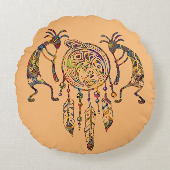 Indianerin Kokopelli Whale Dreamcatcher 2 Rundes Kissen (Vorderseite)