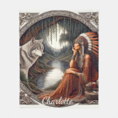 Indianerin mit einem Wolf am Fluss Fleecedecke (Vorderseite)