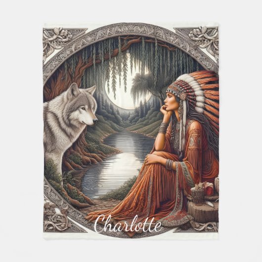 Indianerin mit einem Wolf am Fluss Fleecedecke (Vorderseite)