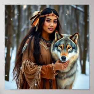 Indianerin mit ihrem Wolf Poster