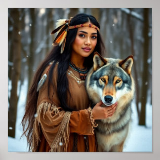 Indianerin mit ihrem Wolf Poster