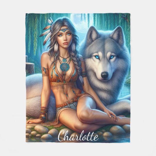 Indianerin und Wolf am Ufer Fleecedecke (Vorderseite)