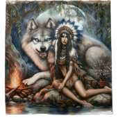 Indianerin und Wolf im Wald Duschvorhang (Vorderseite)
