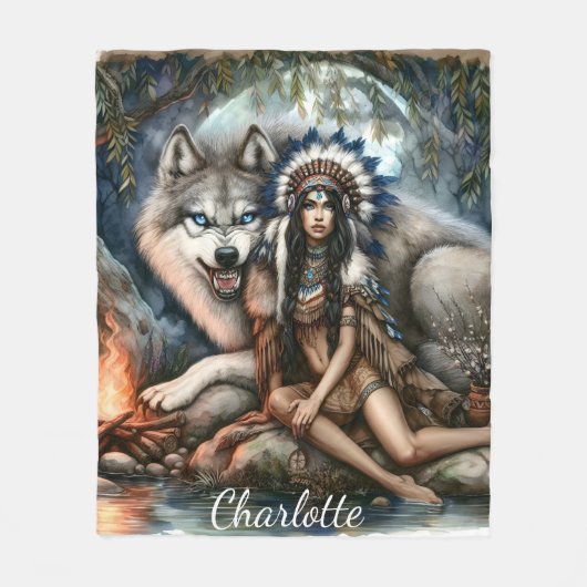 Indianerin und Wolf im Wald Fleecedecke (Vorderseite)