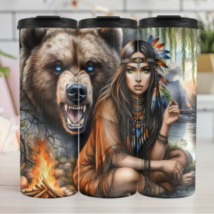 Indianerinnen und Grizzlybär Thermosbecher