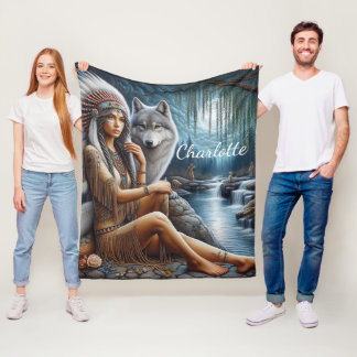 Indianerinnen und Wolf am ruhigen Fluss Fleecedecke